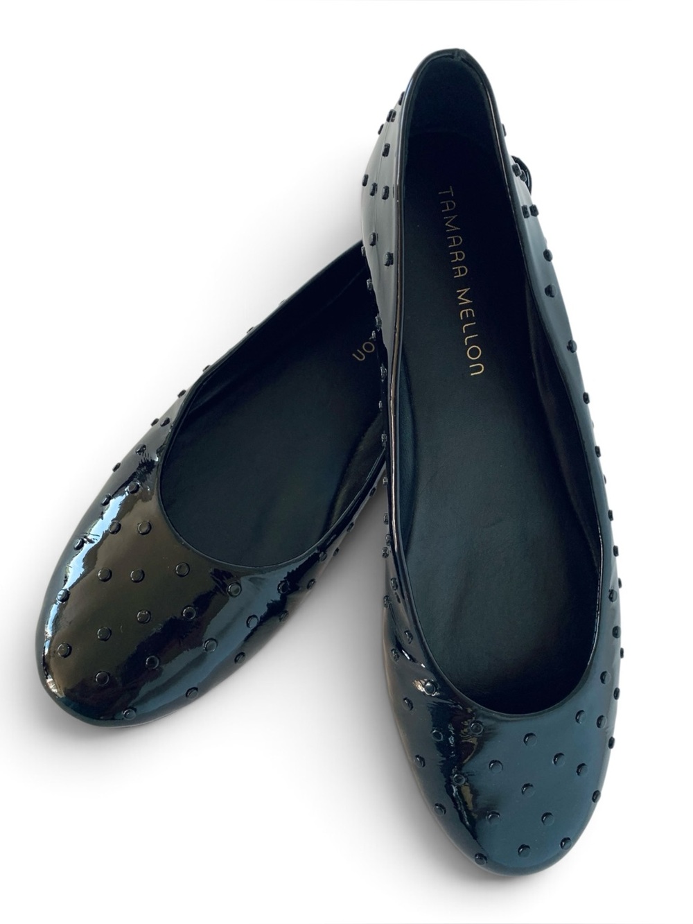 Tamara Mellon Balanced Embossed Stud Black Patent Leather Ballet Flats 40EU